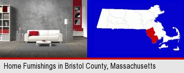 home furnishings - 3d rendering; Bristol County highlighted in red on a map