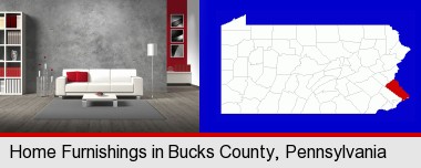 home furnishings - 3d rendering; Bucks County highlighted in red on a map