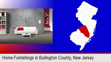 home furnishings - 3d rendering; Burlington County highlighted in red on a map