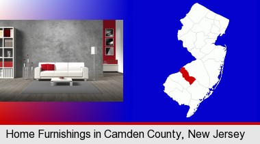 home furnishings - 3d rendering; Camden County highlighted in red on a map