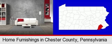 home furnishings - 3d rendering; Chester County highlighted in red on a map