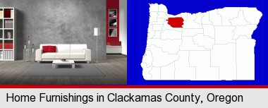 home furnishings - 3d rendering; Clackamas County highlighted in red on a map