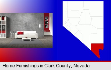 home furnishings - 3d rendering; Clark County highlighted in red on a map