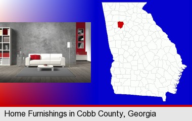 home furnishings - 3d rendering; Cobb County highlighted in red on a map