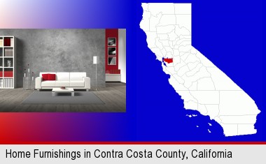 home furnishings - 3d rendering; Contra Costa County highlighted in red on a map
