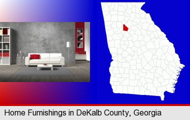 home furnishings - 3d rendering; DeKalb County highlighted in red on a map