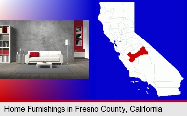 home furnishings - 3d rendering; Fresno County highlighted in red on a map