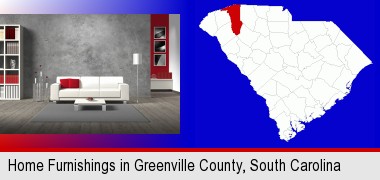 home furnishings - 3d rendering; Greenville County highlighted in red on a map