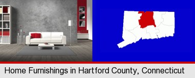 home furnishings - 3d rendering; Hartford County highlighted in red on a map