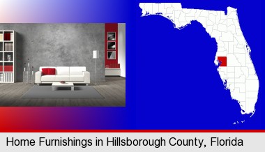 home furnishings - 3d rendering; Hillsborough County highlighted in red on a map