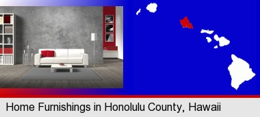 home furnishings - 3d rendering; Honolulu County highlighted in red on a map