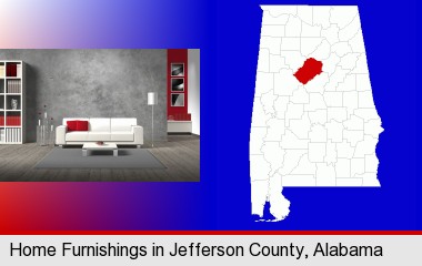 home furnishings - 3d rendering; Jefferson County highlighted in red on a map