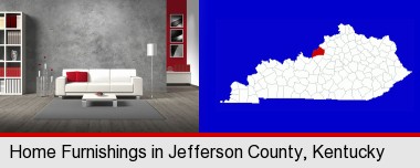home furnishings - 3d rendering; Jefferson County highlighted in red on a map