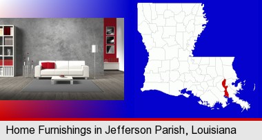 home furnishings - 3d rendering; Jefferson Parish highlighted in red on a map