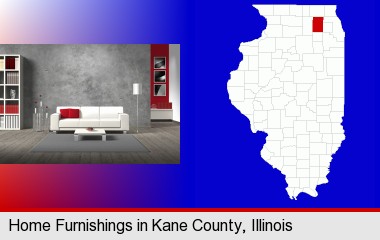 home furnishings - 3d rendering; Kane County highlighted in red on a map