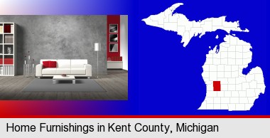 home furnishings - 3d rendering; Kent County highlighted in red on a map