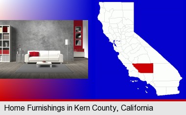 home furnishings - 3d rendering; Kern County highlighted in red on a map