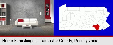 home furnishings - 3d rendering; Lancaster County highlighted in red on a map