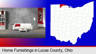 home furnishings - 3d rendering; Lucas County highlighted in red on a map