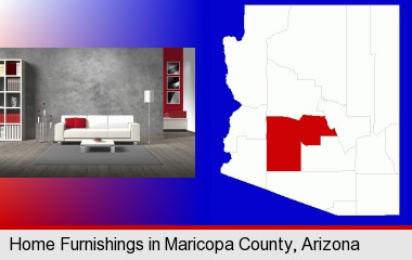 home furnishings - 3d rendering; Maricopa County highlighted in red on a map