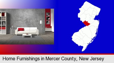 home furnishings - 3d rendering; Mercer County highlighted in red on a map