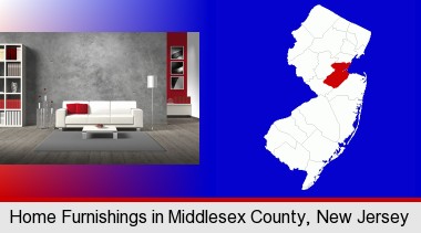 home furnishings - 3d rendering; Middlesex County highlighted in red on a map