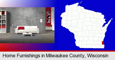 home furnishings - 3d rendering; Milwaukee County highlighted in red on a map