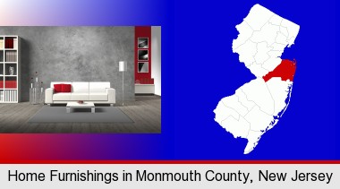 home furnishings - 3d rendering; Monmouth County highlighted in red on a map