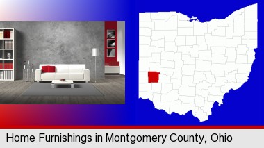 home furnishings - 3d rendering; Montgomery County highlighted in red on a map