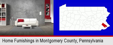 home furnishings - 3d rendering; Montgomery County highlighted in red on a map
