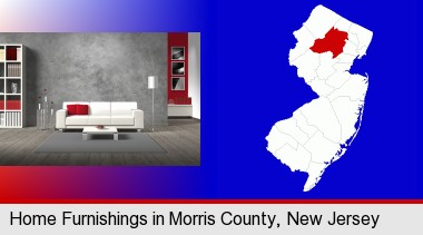 home furnishings - 3d rendering; Morris County highlighted in red on a map