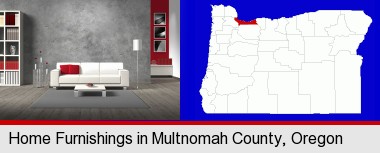 home furnishings - 3d rendering; Multnomah County highlighted in red on a map