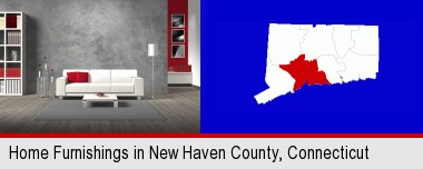home furnishings - 3d rendering; New Haven County highlighted in red on a map