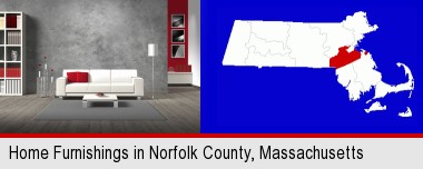 home furnishings - 3d rendering; Norfolk County highlighted in red on a map