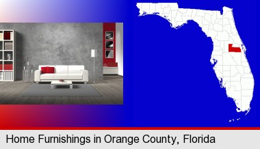 home furnishings - 3d rendering; Orange County highlighted in red on a map