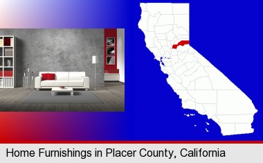 home furnishings - 3d rendering; Placer County highlighted in red on a map