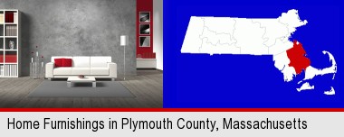 home furnishings - 3d rendering; Plymouth County highlighted in red on a map