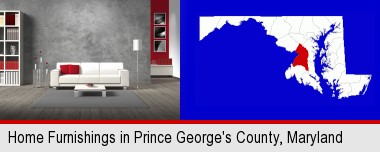 home furnishings - 3d rendering; Prince George's County highlighted in red on a map