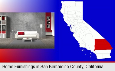 home furnishings - 3d rendering; San Bernardino County highlighted in red on a map
