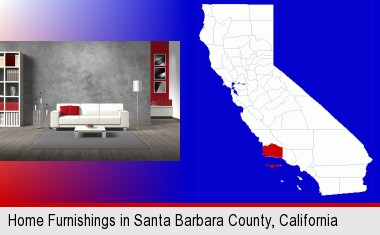 home furnishings - 3d rendering; Santa Barbara County highlighted in red on a map