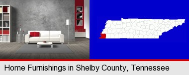 home furnishings - 3d rendering; Shelby County highlighted in red on a map