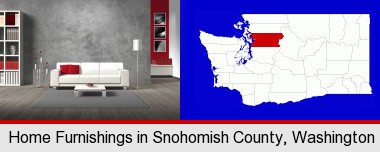 home furnishings - 3d rendering; Snohomish County highlighted in red on a map