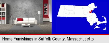 home furnishings - 3d rendering; Suffolk County highlighted in red on a map