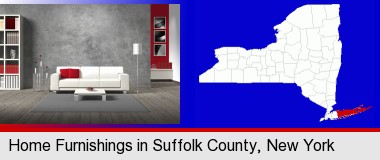 home furnishings - 3d rendering; Suffolk County highlighted in red on a map