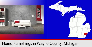 home furnishings - 3d rendering; Wayne County highlighted in red on a map