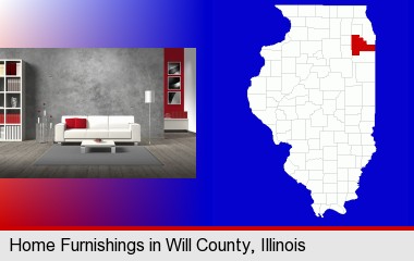 home furnishings - 3d rendering; Will County highlighted in red on a map