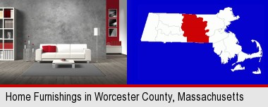 home furnishings - 3d rendering; Worcester County highlighted in red on a map